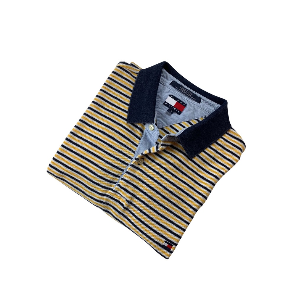 Vintage Tommy Hilfiger Striped Polo Shirt Mens XXL Yellow Navy Blue 2002 Cotton